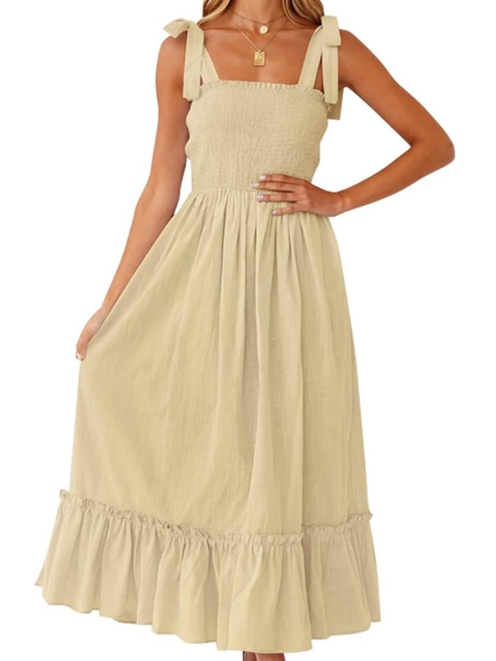 Smocked Tie-Shoulder Flowy Maxi Dress